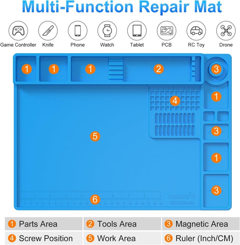 STREBITO Soldering Mat Electronics Repair Mat, Silicone Work Mat Heat Resistant 932°F, Magnetic Mat for Screws and Tools, Solder Mat Silicone Pad for Watch, Phone, Eyeglass, Knife, Size 13.8 "x 9.9" - Image 2